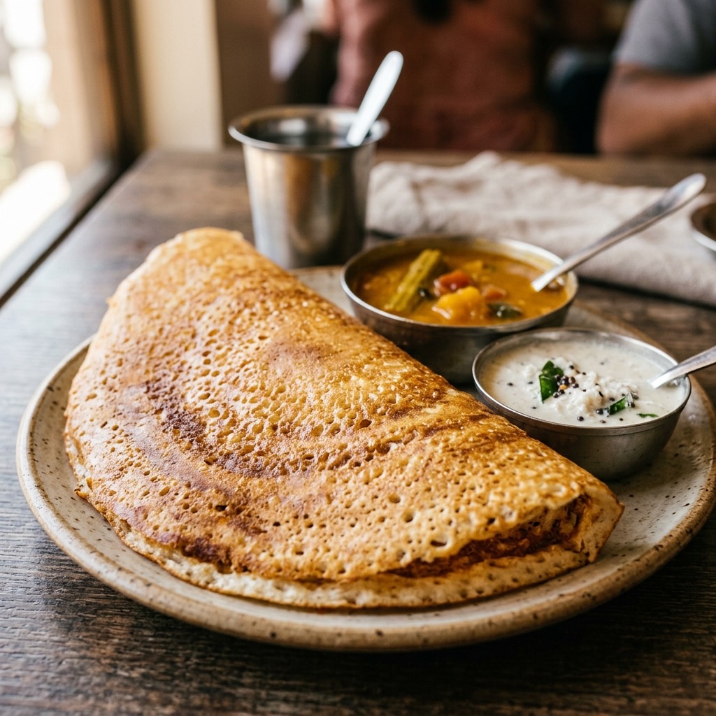 A golden crisp dosa served at Arasi Shop